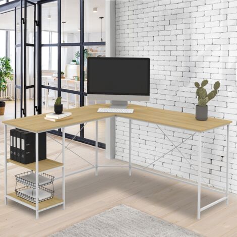 DETROIT Escritorio esquinero de diseño industrial en forma de L de madera y metal blanco