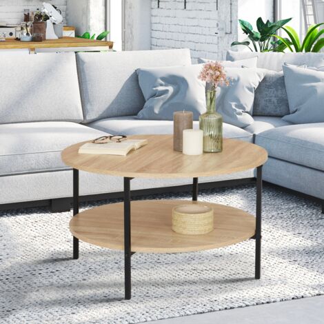 DETROIT Mesa de centro redonda de 70 cm y doble tablero de diseño industrial