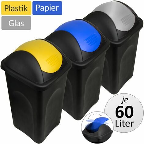 STEFANPLAST DEUBA® 3x Mülleimer Set mit Schwingdeckel 60L Abfalleimer Automatik Geruchsarm Küche Bad Biomüll Gelber Sack Kunststoff Mülltrennung