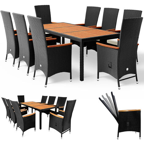 Deuba 8+1 Rattan Dining Table and Chairs Set Patio Outdoor Garden Conservatory Wooden Rectangular Table Top
