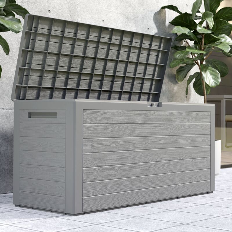 

Deuba Baúl de almacenaje de plástico Gris 120x46x57cm almacenamiento de exterior jardín con tapa plegable y asas arcón