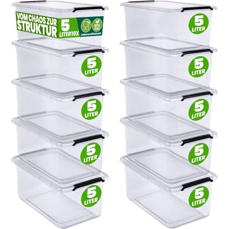 Boîte de rangement en plastique transparent empilable sans bpa gain de place caisse de rangement organiseur 10 x 5L - Deuba