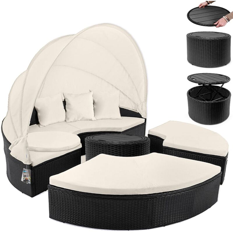 Bain de soleil Ø 185cm Ensemble ovale en polyrotin avec coussins pare-Soleil Salon de jardin lounge canapé Noir