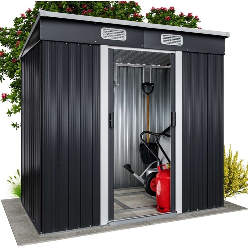 

Gardebruk - Deuba Cobertizo de metal de 3,35m³ Antracita con aeración en la cumbrera y base almacenaje exterior de jardín almacén