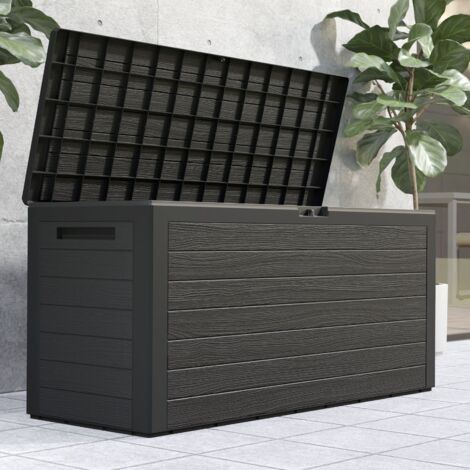Deuba – Coffre de jardin 280 L en plastique effet bois – Dimensions 120 x 46 x 57 cm – Résistant aux intempéries – Poignées latérales pour transport facile