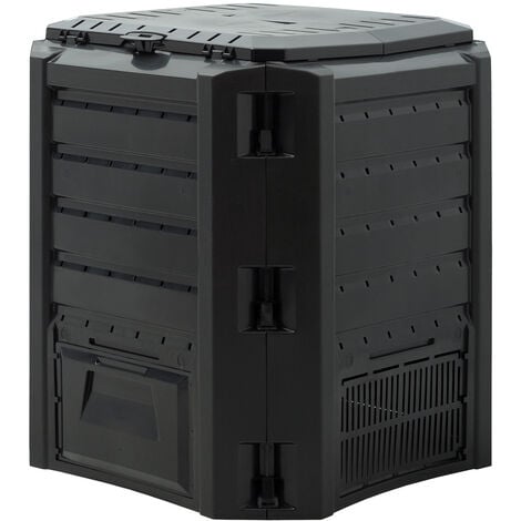 DEUBA® Composteur de jardin plastique noir transformateur de déchets couvercle et trappe d’extraction bac à compost-380 litres