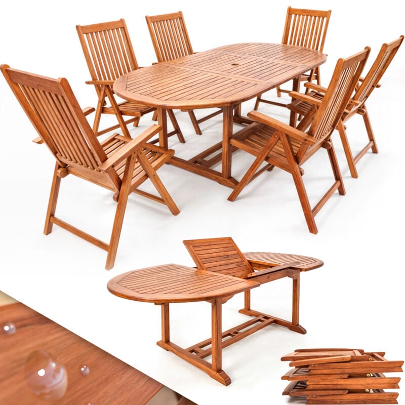 

Conjunto de muebles de madera 1 mesa y 6 sillas plegables espacio sombrilla exterior jardín patio terraza - Deuba