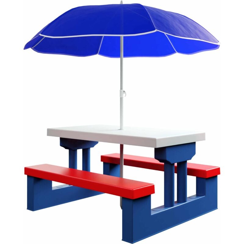 

Conjunto de jardín para niños set de 1 mesa y bancos con sombrilla protección UV exterior e interior juego robusto - Deuba
