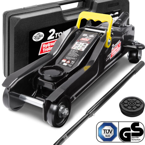 Deuba – Cric hydraulique 2 tonnes – Hauteur de levée 85-330 mm – Valise de transport et patins en caoutchouc inclus – Certifié GS TÜV