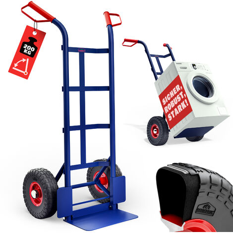 Deuba – Diable en acier 200 kg – Chariot de transport bleu avec roues pneumatiques Ø 26 cm – Bavette rabattable pour rangement facile