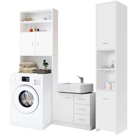 Deuba – Ensemble de meubles de salle de bain blanc – Meuble sous lavabo 63x54x30cm – Colonne 180x30x30cm – Meuble machine à laver 195x63x20cm