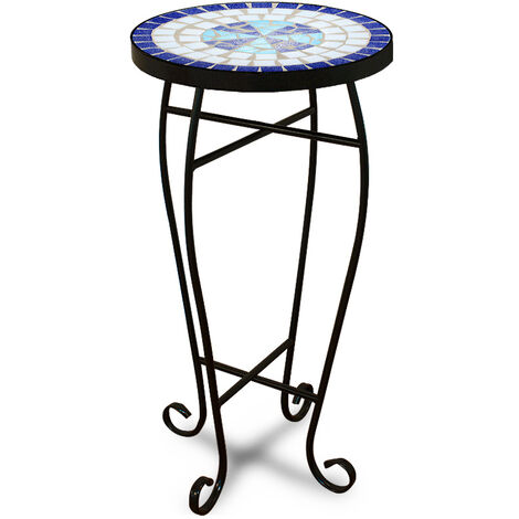 Deuba Garden Mosaic Table Side Stand with Powder Coated Steel Structure Outdoor Patio Balcony Terrace Round Plant (Blue)