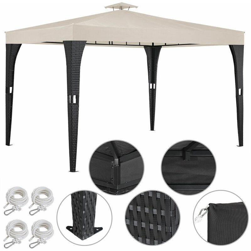 Gazebo polyrattan 3x4m doppio tetto antimacchia Resistente ai raggi uv padiglione giardino feste crema - Deuba