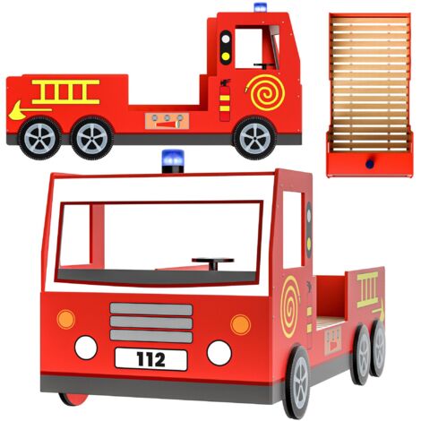 Deuba – Lit enfant camion de pompier rouge 90x200 cm – Barrière anti-chute – Sommier à lattes – Charge 120 kg – Bois de haute qualité