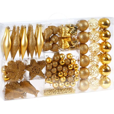 Deuba – Lot de 102 boules de Noël en plastique – Décorations dorées pour sapin intérieur et extérieur – Ø 3/4/6 cm – Ensemble complet avec accessoires