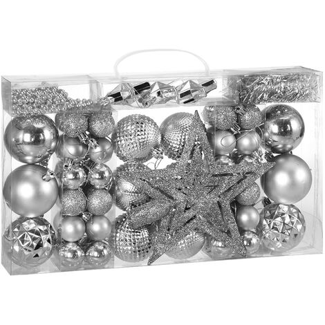 Deuba – Lot de 66 boules de Noël en plastique – Décorations argentées pour sapin intérieur et extérieur – Ø 6 cm et Ø 3 cm – Ensemble complet