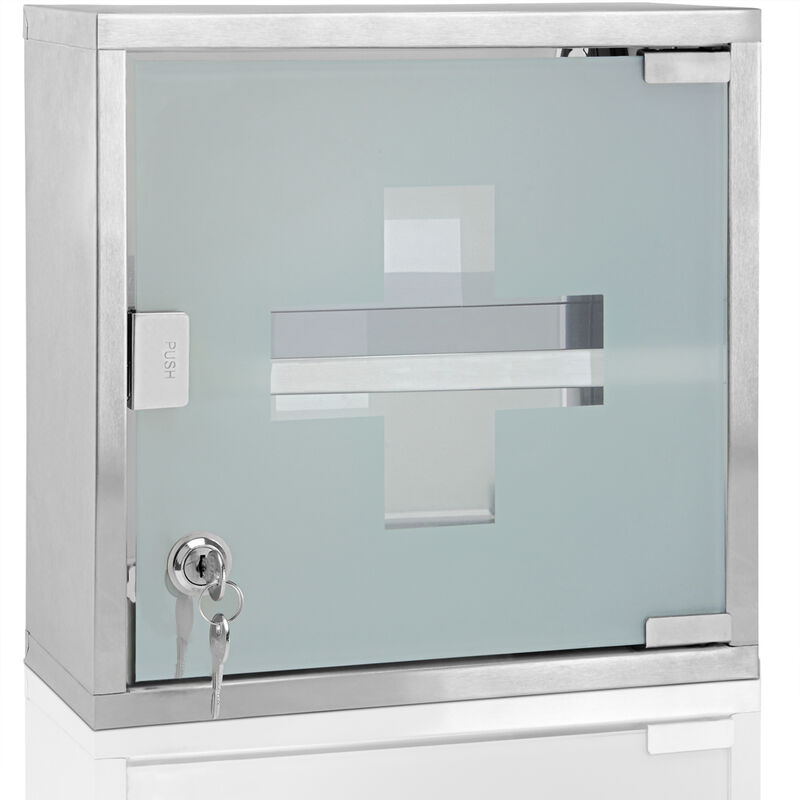 ® Medicine Cabinet Wall Mounted First Aid Lockable Glass Steel Cupboard Box 2 compartments - Deuba