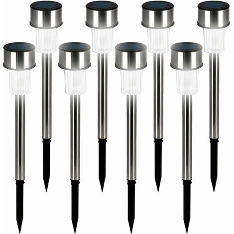 Deuba Pack of 8 White LED Solar Garden Lights Stainless Steel Automatic Rechargeable Stake Lamps Weather-Resistant Patio Lawn Party