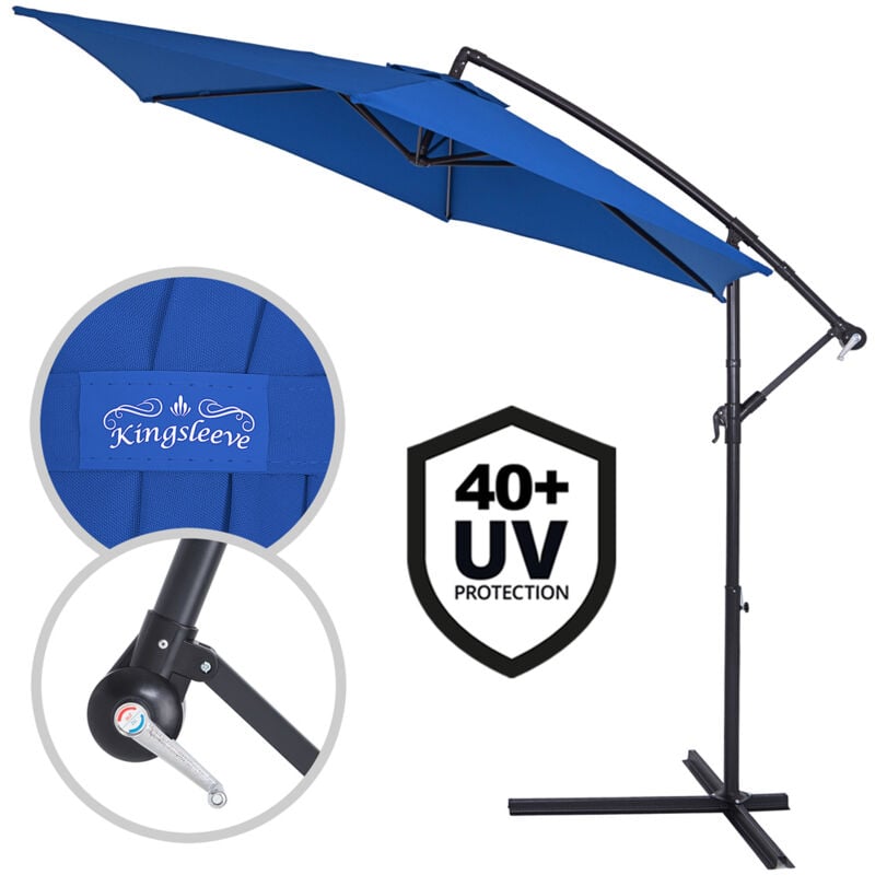

Kingsleeve - Deuba Sombrilla de aluminio de Ø330cm con protección solar UV40+ con manivela base en cruz jardín terraza patio balcón Azul - Azul