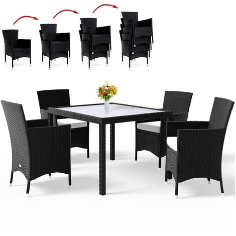 Deuba Poly Rattan Garden Dining Table Chairs Set Rectangular Outdoor Patio Glass Top Furniture Seating Group 4+1 Seater Conservatory Square Beige Black Balcony Backyard
