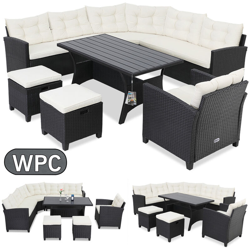 Casaria - Poly Rattan Garden Furniture wpc Dining Table Set Outdoor Patio Conservatory Corner Sofa Wicker Lounge 9 Seater Black Cream w/ Cushion Foot