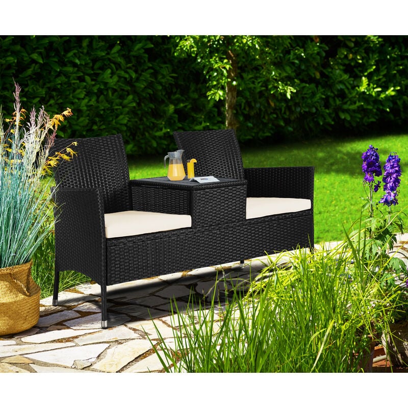 Casaria - Deuba® Poly Rattan Love Seat Outdoor Patio 2 Seater Bench Weatherproof Integrated Table & Storage Box Cushions Included 320kg Weight