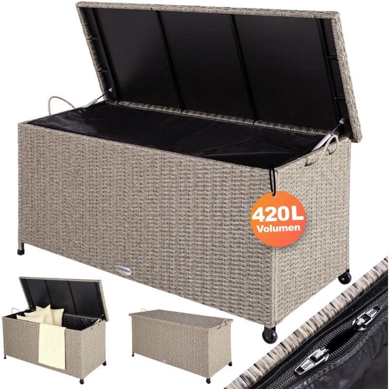 420 Litre Polyrattan Garden Storage Box with Wheels Waterproof uv Resistant Inner Lining 122x56x61cm Patio Furniture Cushion Chest with Gas Pressure