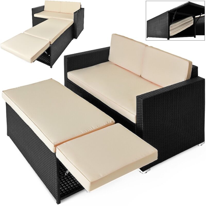 Casaria Polyrattan Lounge Ottomane Stauraum Klappbare Stütze Dicke Auflage 125x70x77 cm Garten Gartenmöbel Set Schwarz