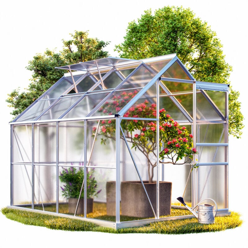 Polycarbonate Walk-In Greenhouse 250 x 190 x 195cm Aluminium Frame Sliding Door 2 Skylights Grow Plants Flowers Herbs Veg 7.63m³ - Gardebruk