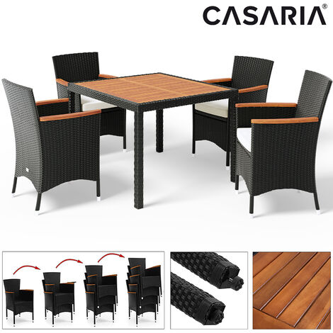 Deuba - Salon de jardin - ensemble 4+1 - Noir, polyrotin - 4 chaises empilables + table avec plateau en bois d´acacia - coussins couleur crème compris - Housses amovibles et lavables