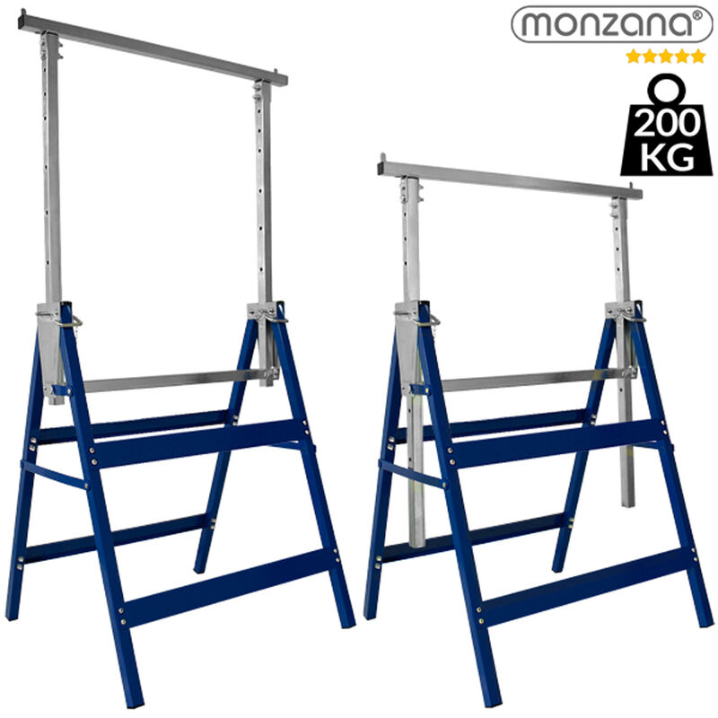 2x Caballetes De Andamio Plegables - Altura Ajustable En 7 Posiciones (80-130 Cm), Capacidad 200 Kg, Acero Negro/Zinc