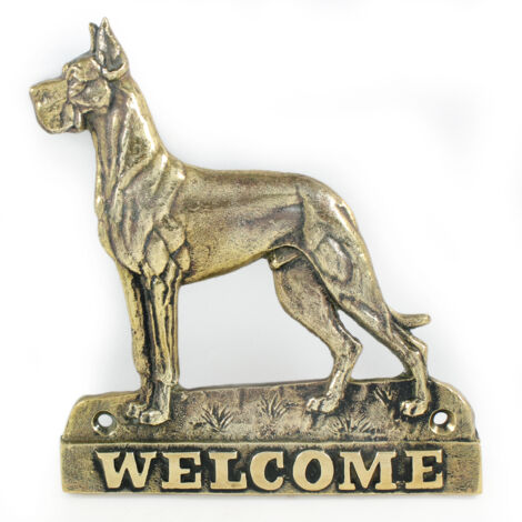Deutsche Dogge I - Türschild mit Hund, Willkommensschild aus Messing, einzigartiges Schild mit der Aufschrift Welcome von Art-Dog