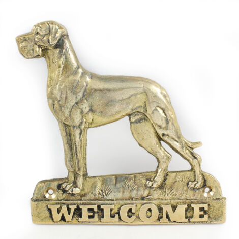 Deutsche Dogge II - Türschild mit Hund, Willkommensschild aus Messing, einzigartiges Schild mit der Aufschrift Welcome von Art-Dog