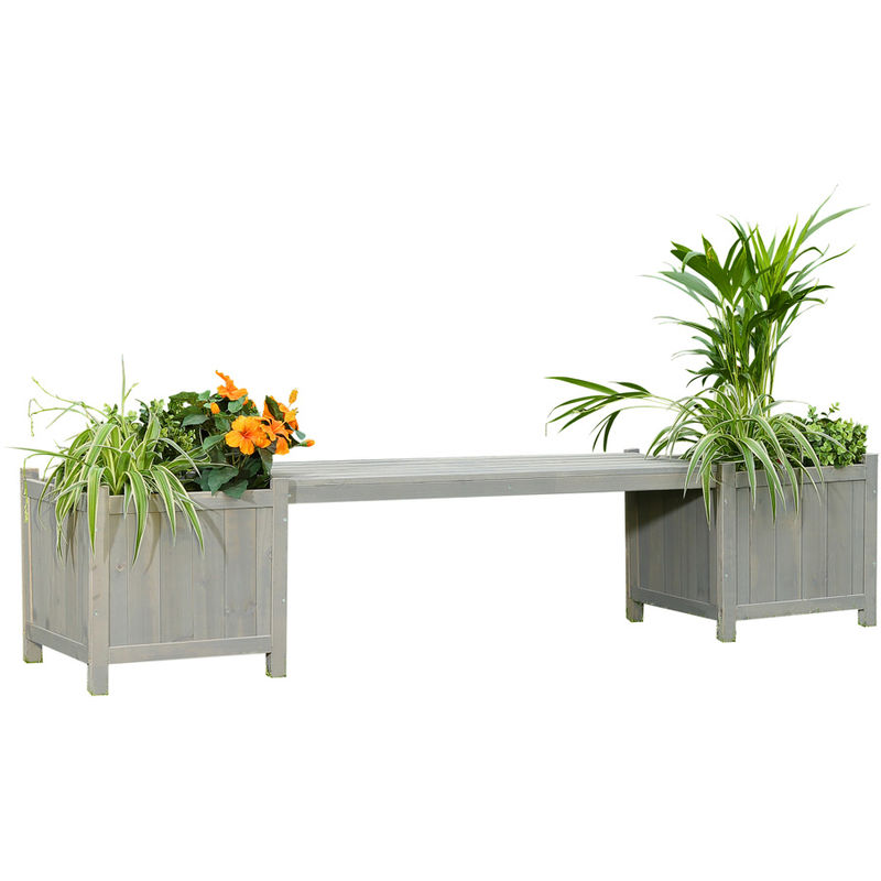 Deux boîtes à fleurs avec banc de jardin banc de jardin en bois gris, planteur en bois