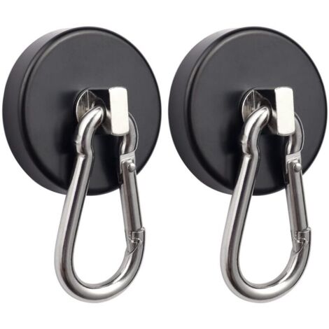 Deux crochets magnétiques noirs avec mousquetons rotatifs, résistance à la traction maximale de 75 kg, pour la suspension.