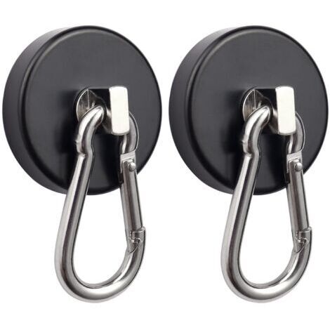 Deux crochets magnétiques noirs avec mousquetons rotatifs, résistance à la traction maximale de 75 kg, pour la suspension.