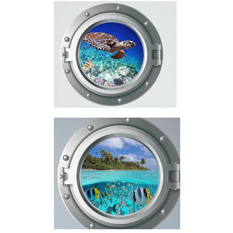 deux Ensembles 35x35cm Stickers Muraux 3d Hublot Monde Sous-marin Stickers Muraux Fentre Tortue Dauphin Stickers Muraux Enfants Chambre Chambre Sa
