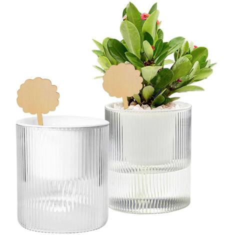 Deux ensembles de pots de fleurs à arrosage automatique, coffret cadeau de plantes d'intérieur ondulées et semi-transparentes avec arrosage automatique.