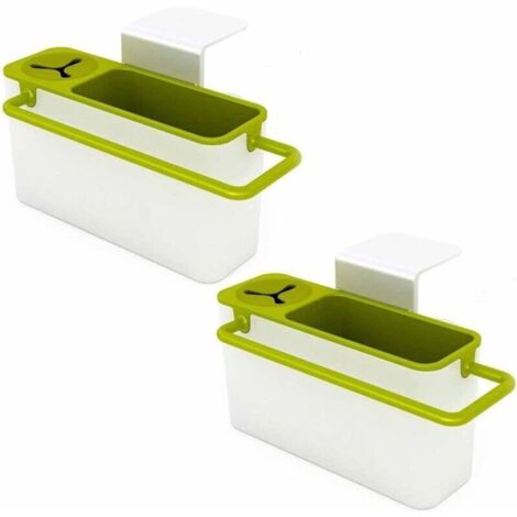 Deux étagères de salle de bain, une étagère de comptoir, un porte-serviettes suspendu, un porte-éponges de nettoyage de cuisine et un porte-tampons à récurer (vert).