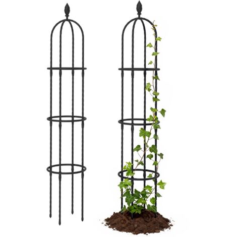Deux obélisques de jardin en acier, de 1,74 mètre de haut, avec fil de fer, adaptés aux plantes grimpantes et aux rosiers, idéaux pour les terrasses noires extérieures.