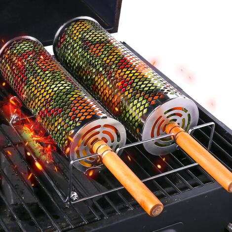 Deux paniers à griller à roulettes (grand et moyen) avec poignées en bois amovibles, grille à roulettes pour légumes, crevettes et poissons, accessoires de cuisine et de grillades en extérieur.
