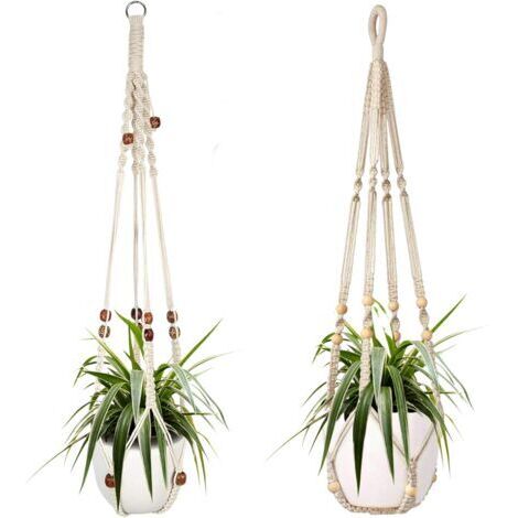 Deux paniers suspendus en corde de coton blanc pour plantes d'intérieur, de 85 cm chacun, ornés de perles en bois. Crochets non inclus.