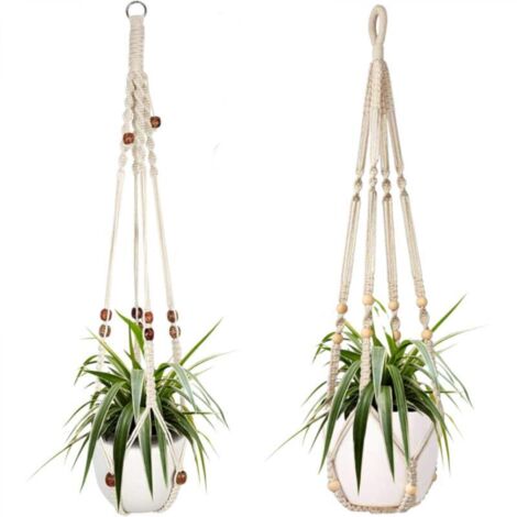 Deux paniers suspendus en corde de coton blanc pour plantes d'intérieur, de 98 cm chacun, ornés de perles en bois. Crochets non inclus.