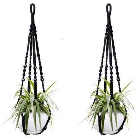 Deux paniers suspendus en corde de coton noir pour plantes d'intérieur, de 98 cm chacun, ornés de perles en bois. Crochets non inclus.