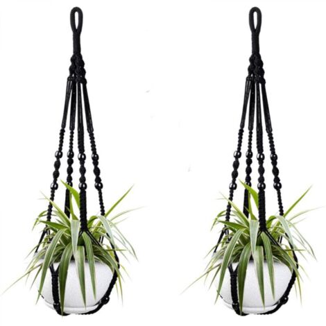 Deux paniers suspendus en corde de coton noir pour plantes d'intérieur, de 98 cm chacun, ornés de perles en bois. Crochets non inclus.