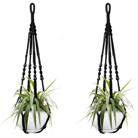 Deux paniers suspendus en corde de coton noir pour plantes d'intérieur, de 98 cm chacun, ornés de perles en bois. Crochets non inclus.