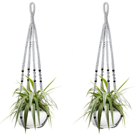 Deux paniers suspendus pour plantes d'intérieur, en corde de coton grise, de 98 cm de long, ornés de perles en bois. Crochets non inclus.