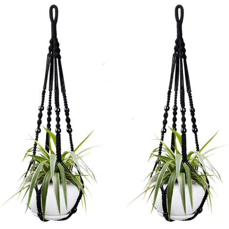 Deux paniers suspendus pour plantes en corde de coton noir, 85 cm chacun, avec perles en bois, crochets non inclus.