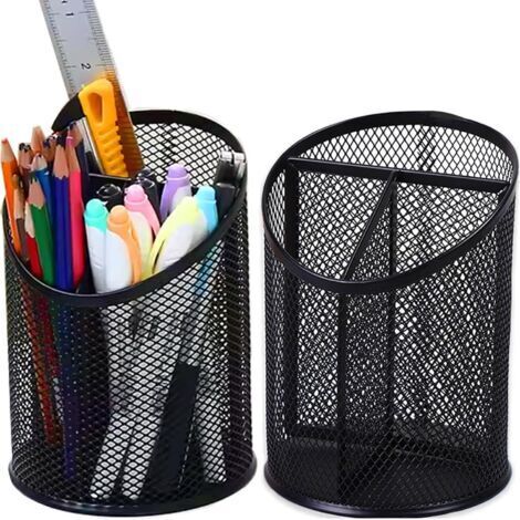 Deux porte-stylos ronds noirs, de 10,5 x 10,5 x 14,5 cm chacun, adaptés à une utilisation au bureau, à la maison et à l'école.