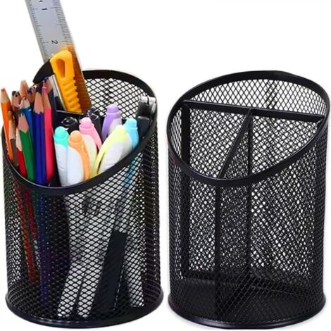 Deux porte-stylos ronds noirs, de 10,5 x 10,5 x 14,5 cm chacun, adaptés à une utilisation au bureau, à la maison et à l'école.